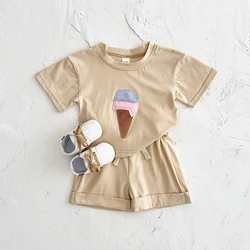 2Pcs INS Summer New Baby Solid Color Short Sleeve Clothing Set Boy Girl Ice Cream Tops + Short Kids Clothes Items 0-3Y