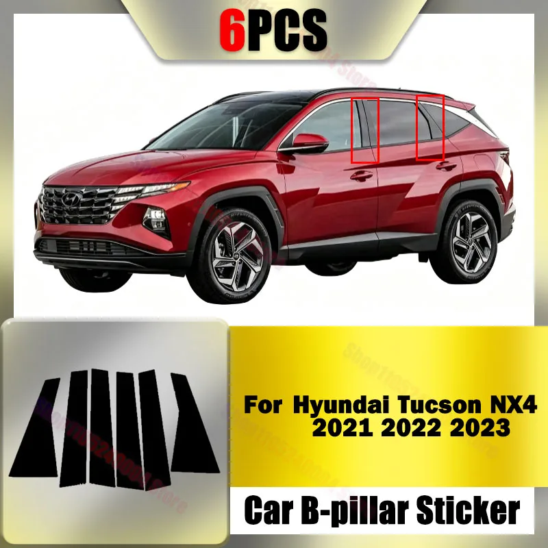 Pour Hyundai Tucson NX4 2021-2023, 6 pièces, moulures de pilier central de porte et de fenêtre, autocollants décoratifs noirs brillants, accessoires pour voiture