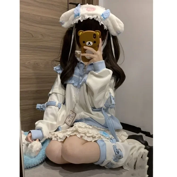 

Japanese Cute Cat Ear Hooded Sweatshirts Loose Long Sleeve Cardigan Coat Women 2025 Spring Autumn New Long Sleeve Tops Mujer