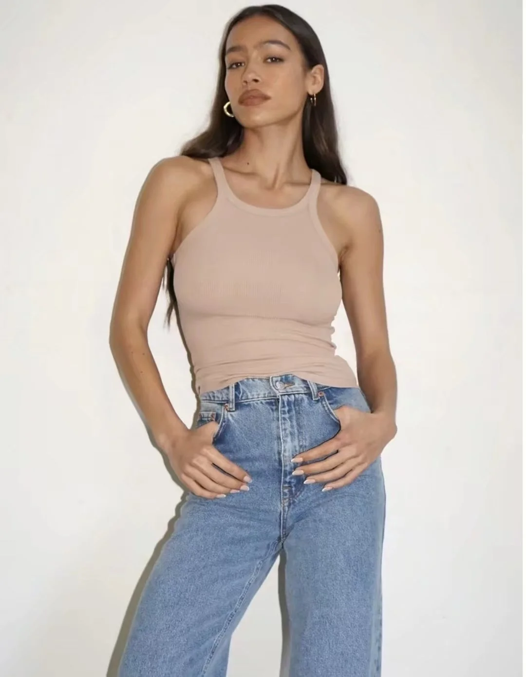 Slim Fit ort Svel oulder Slimming Pure Color Street Sle Women's Vest Inner Wear Base Layer Tight Ne Hanging Bac...