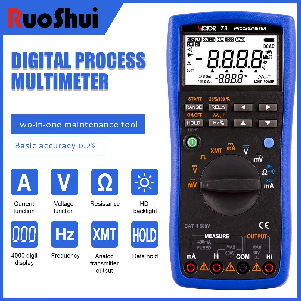 

Victor 79A 2в1 цифровой измеритель процессов IP65 1000 В 50 м 100 кГц переменный/постоянный ток тестирование частоты мультиметр тестер источника процессного сигнала