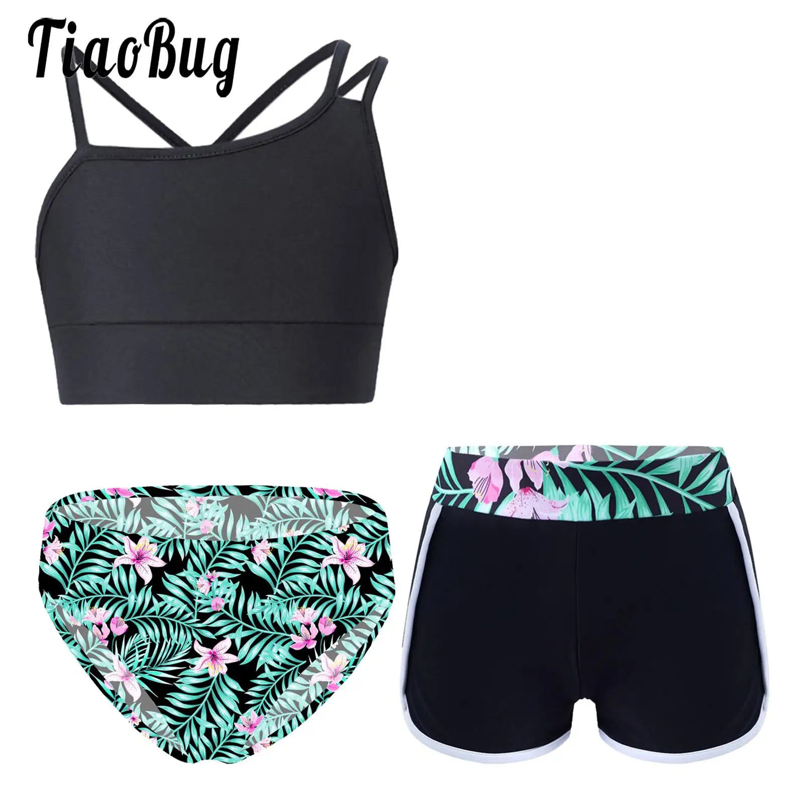 

Summer 3pcs Kids Girls Printed Swimsuits Swimwear Straps Crop Top Swim Vest Bikini Briefs Shorts Beach Set Bathing Suit Swimming