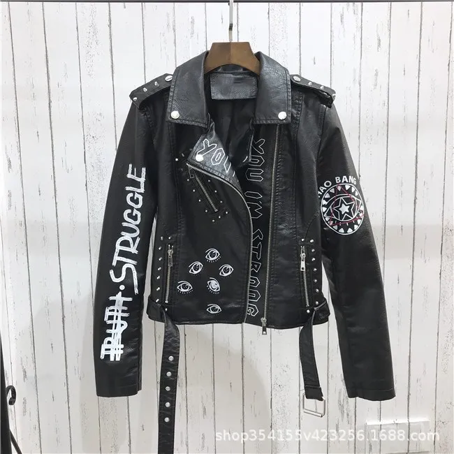 Women's PU Rivet Zipper Jacket, Shoulder Badge, Motorcycle Punk Rock Leather Coat, High Quality, Autumn Purchase