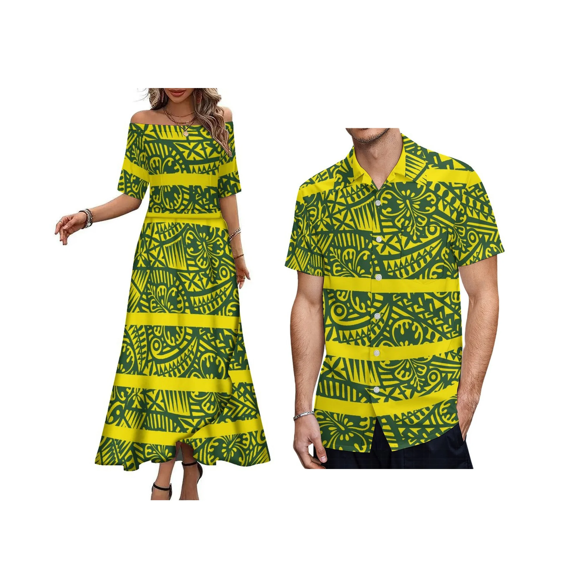 2025 ใหม่มาถึงที่กําหนดเองพิมพ์ผู้หญิงปิดไหล่ Polynesian จีบกระโปรงชุดลําลอง Match PLUS ขนาด Aloha ชายเสื้อ