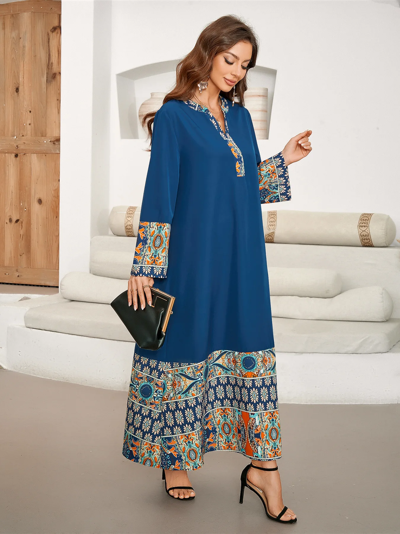 Printed Chiffon V-neck Elegant Bohemian Dresses Patchwork Long Sleeved Dress Middle Eastern Loose Women Fall Pullovers Clothes