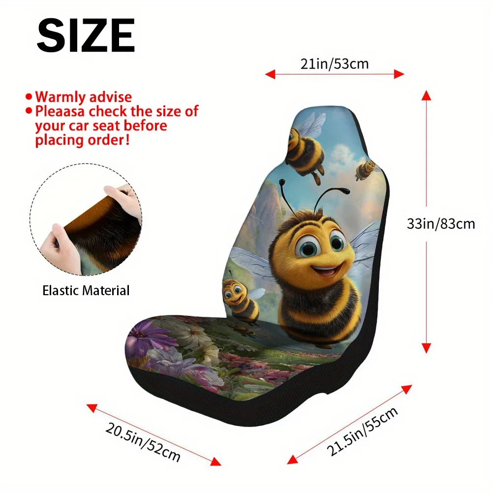2pcs Cheerful Cartoon Bees Flying Themed Car Seat Cover Set – High-Quality Fit Full Set For Most Cars, Stylish And Durable Seat