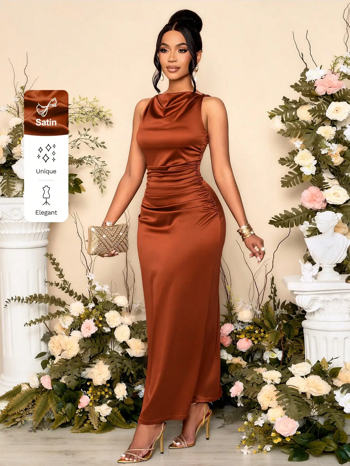 

Women's Satin Drape Neck Ruched Sleeveless Maxi Dress for Elegant Evening Events