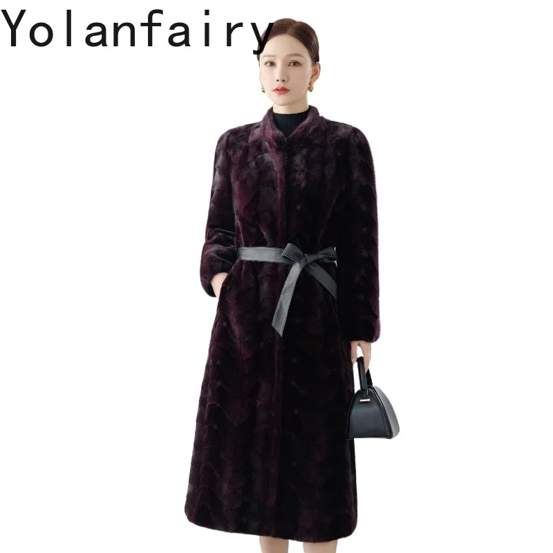 YOLANFAIRY 116-120cm Real Fur Coat for Woman Warm Winter High Quality Pieced Mink Fur Coats and Jackets Stand Collar Long Jacket