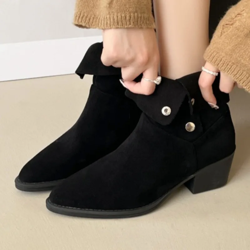 

Mid Heels Women Pointed Toe Short Boots Designer Elegant New Shoes 2025 Chelsea Suede Ankle Boots Fashion Chunky Pumps Zapatos
