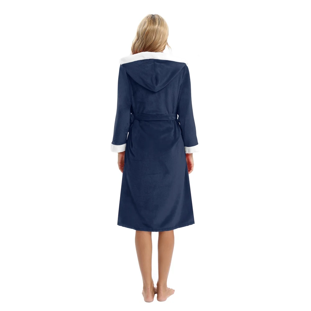 Bathrobes For Women Soft Flannel Robes With Pocket Splicing Hooded Long Sleeve Thickening Bandage Home Clothes
