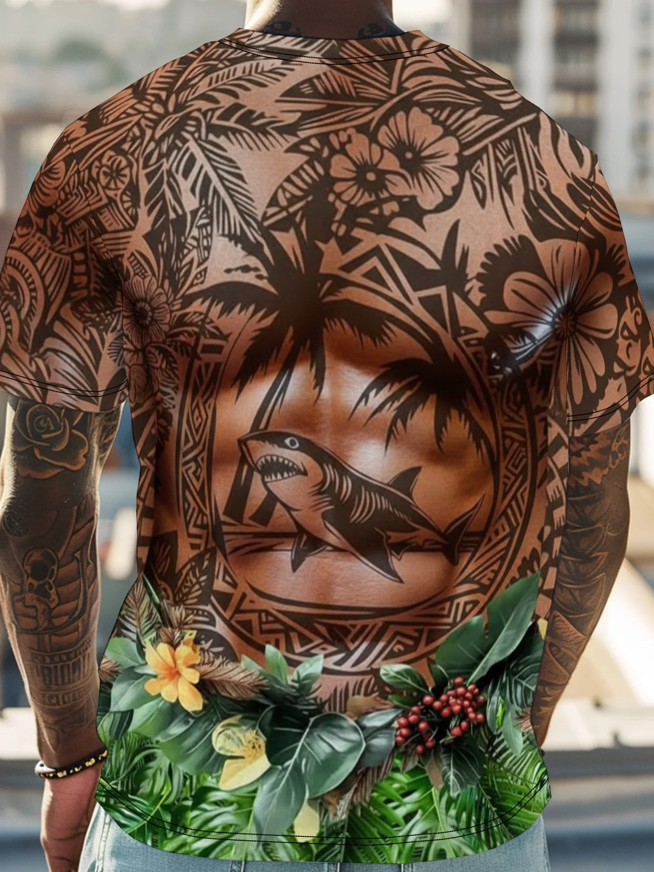 Men's Polynesian Tribe 3D Printed Short Sleeved Beach Vacation Tropical Palm Leaf Square Ethnic Casual T-shirt