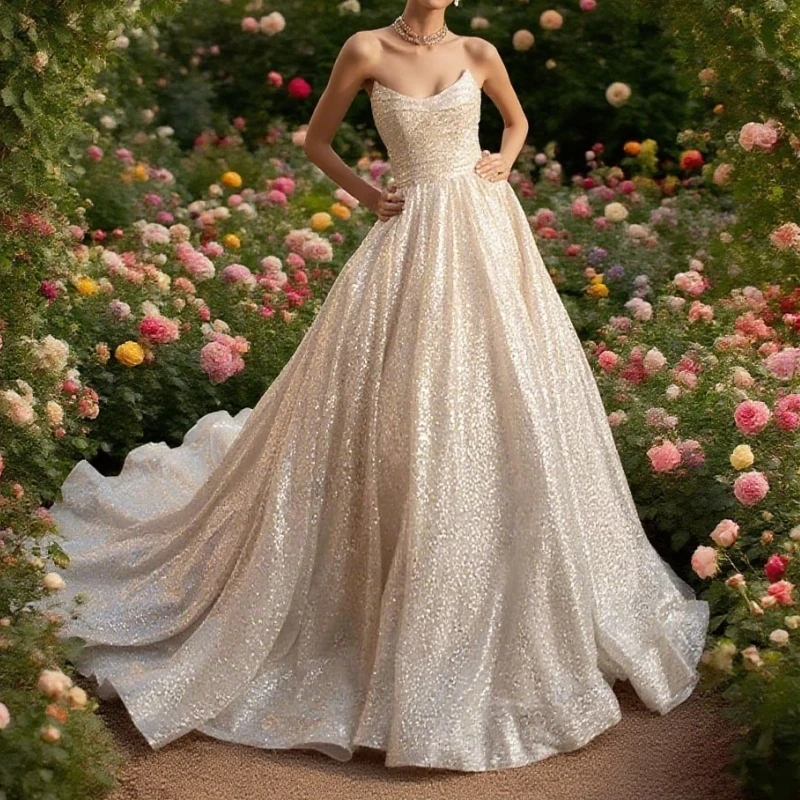 

Customized Glitter Wedding Dresses A Line Bridal Gowns Sequin Appliques Sleeveless Backless Simple Robe Sexy Vestidos De Novia