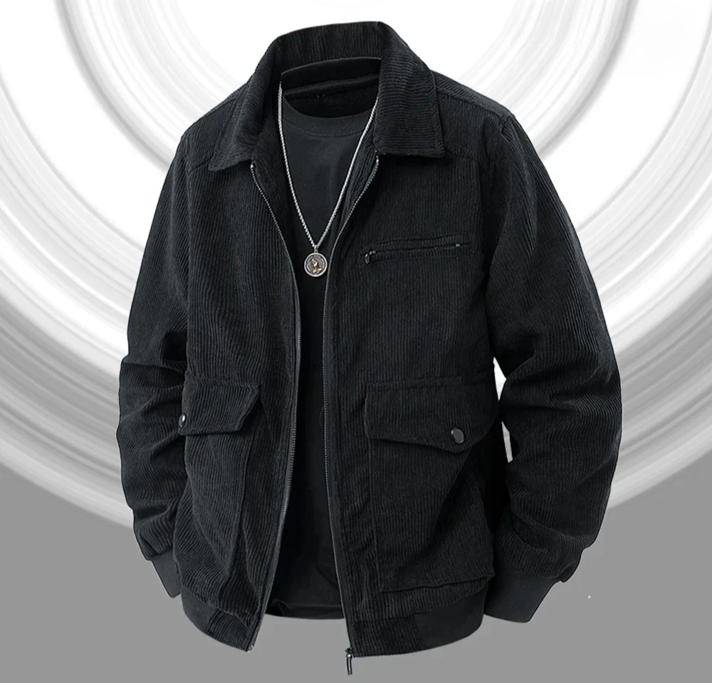 เสื้อแจ็คเก็ตคอปกผ้าลูกฟูกสไตล์วินเทจอเมริกันสำหรับผู้ชาย ฤดูใบไม้ผลิ ฤดูใบไม้ร่วง เรียบง่าย อเนกประสงค์ เหมาะสำหรับใส่ทำงาน เสื้อโค้ทมีปก เสื้อทำงาน