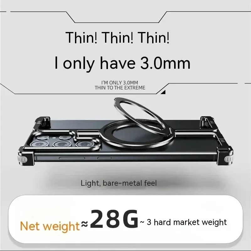 For Samsung Galaxy S24 Ultra S23 Plus Case Magnetic Rimless Metal Aluminum Alloy Bumper 360° Rotate Stand Shockproof Cover