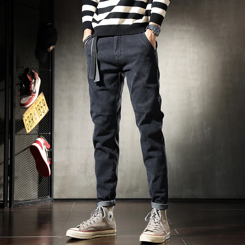 Autumn Winter Black Gray Jeans Men Casual Slim Fit Pencil Pants Streetwear Fashion Denim Trousers CP2091