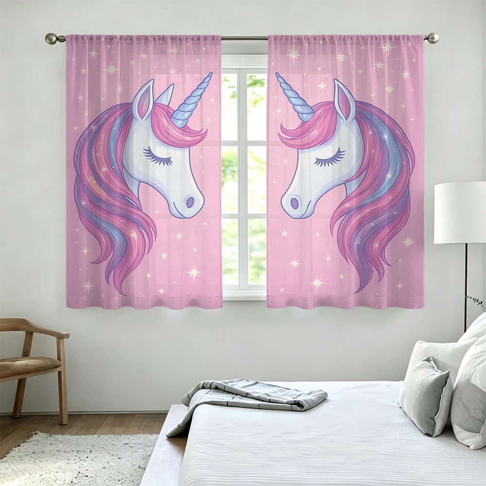 2Pcs Double Head Purple Pink Unicorn Rod Pocket Curtains Light Blocking Privacy Window Curtains For Living Room Bedroom Girly