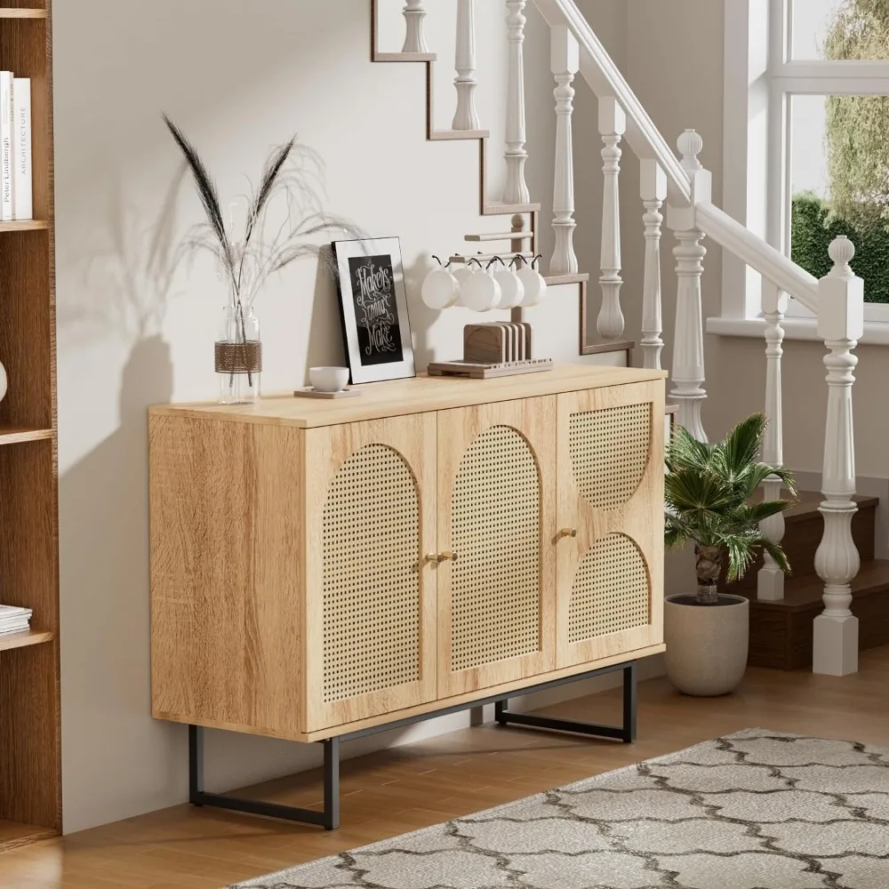 Aparador Bar Cabinet com portas Rattan, Rattan Buffet Cabinet, Boho Credenza Cabinet with Metal Legs