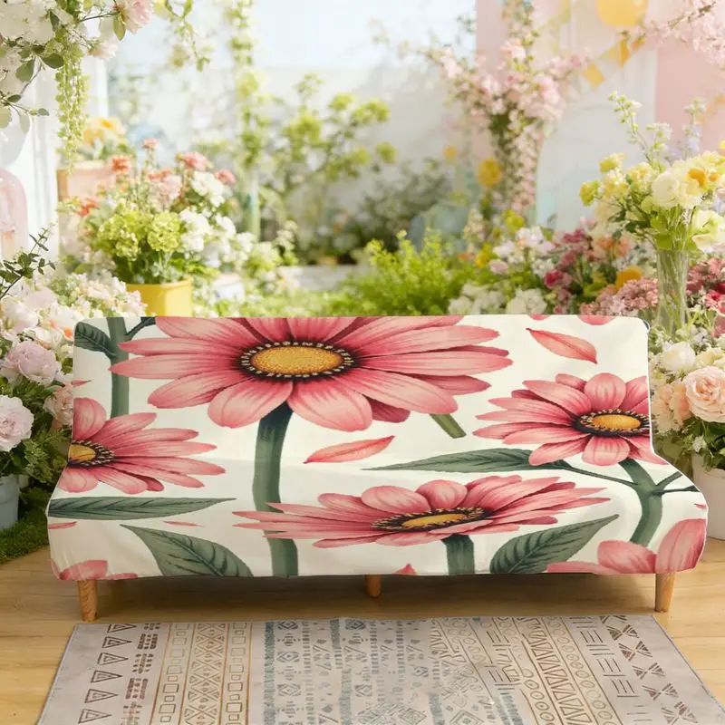 

2D плоский принт, эластичный диван-кровать, чехол для дивана без подлокотников, розовый узор с цветком ромашки