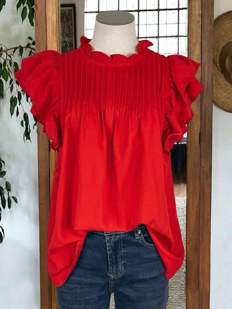 Woman Pleated Double Ruffle Sleeve Blouse Casual Crew Neck Short Sleeve T-Shirt Ladies Summer Round Neck Streetwear Shirt