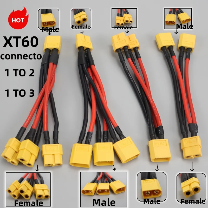 XT60 1 to 2 1 to 3 Parallel Splitter Cable Set 14AWG Silicone Wire Male Female Y Splitter for RC Lipo Battery ESC FPV Drone