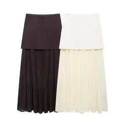 Women's Fashion New Knitted Pleated Spliced Vintage Midi Chic Female High Waist Elegant Side Zip A-line Long Skirt Mujer