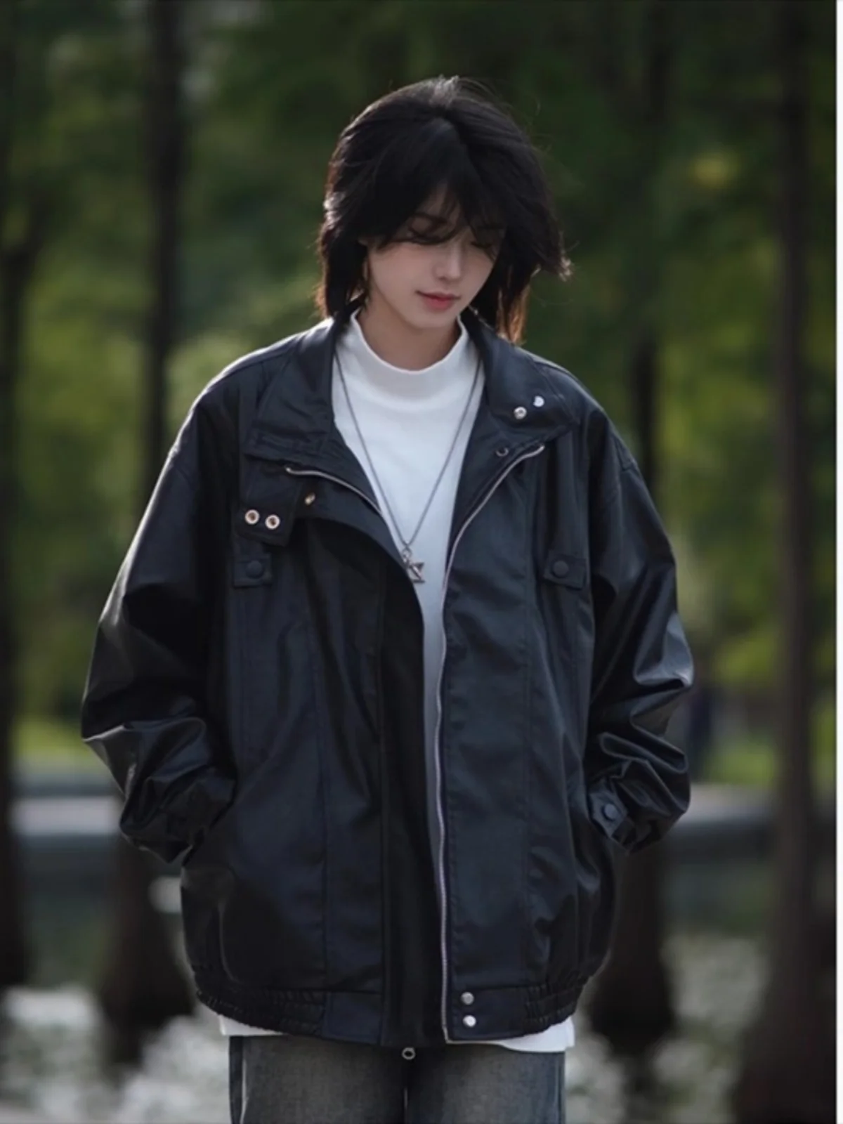 

Мужская кожаная куртка в стиле ретро, японский дизайн, однотонная, свободного кроя, с воротником-стойкой, на молнии, для весны и осени...