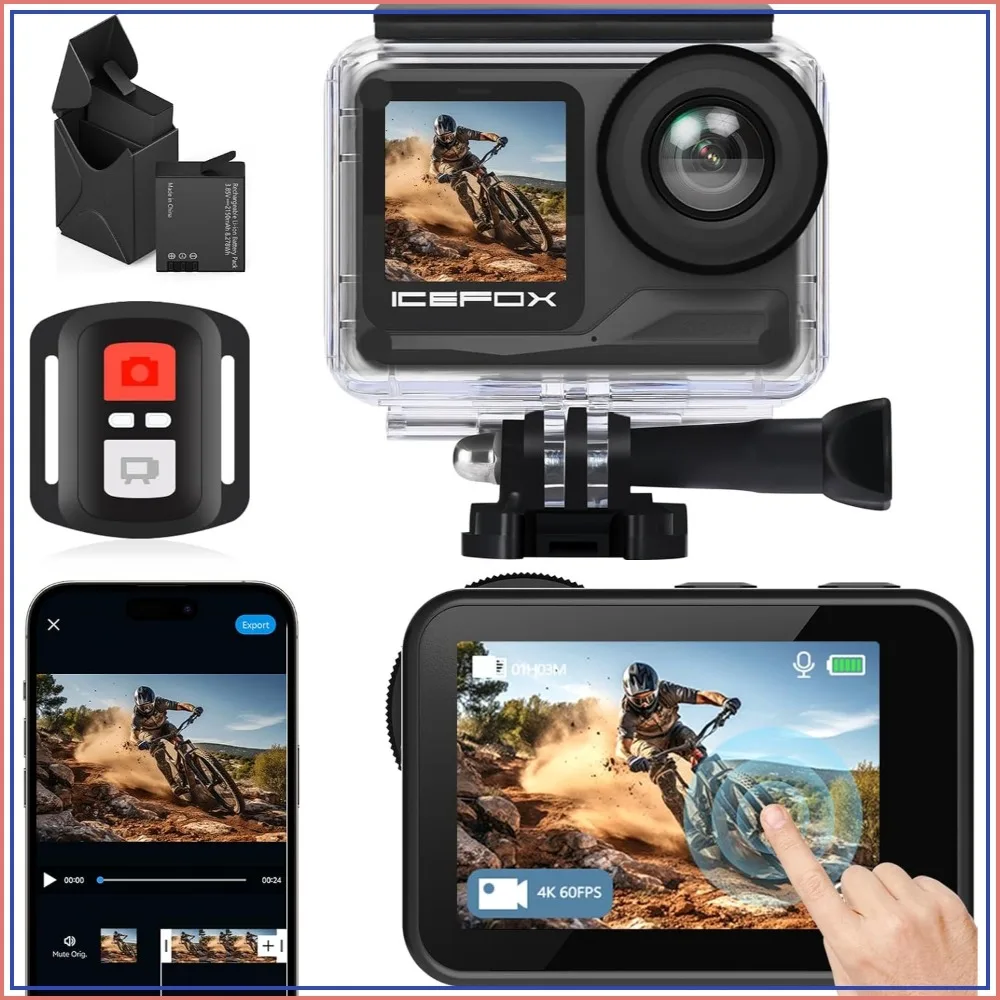 4K 60FPS Action Camera 30MP with 2x2150mAh Batteries, 98ft Waterproof, 5X Zoom, EIS, WiFi Remote Control