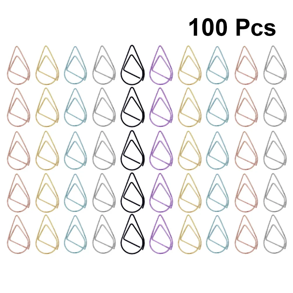 100pcs Paper Clip Water Drop Shape Small Size Gold Silver Black Paper Clips Simple Metal Bookmark Paper Clip (Random Color)