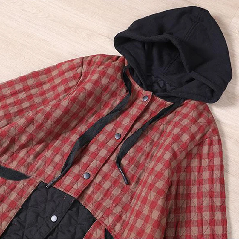 Vintage Plaid Women Parkas 2024 New Autumn Winter Patchwork Hooded Female Cotton-Padded Jackets Quilted Ladies Outwear Coat