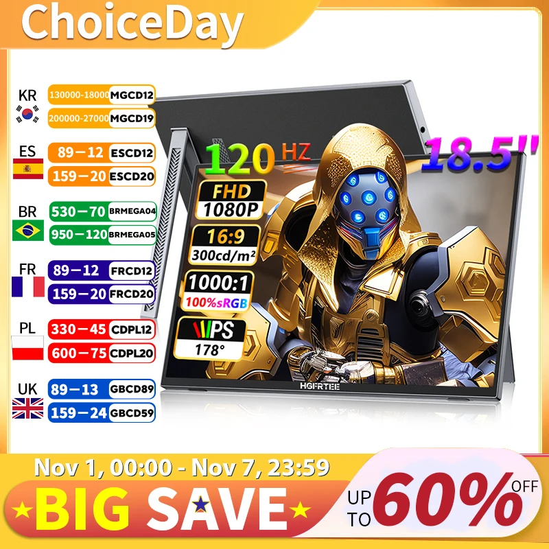 شاشة HGFRTEE مقاس 18.5 بوصة محمولة 100% SRGB 120HZ شاشات ألعاب خارجية مزدوجة النوع C للتبديل والهاتف المحمول Xbox PS4/5