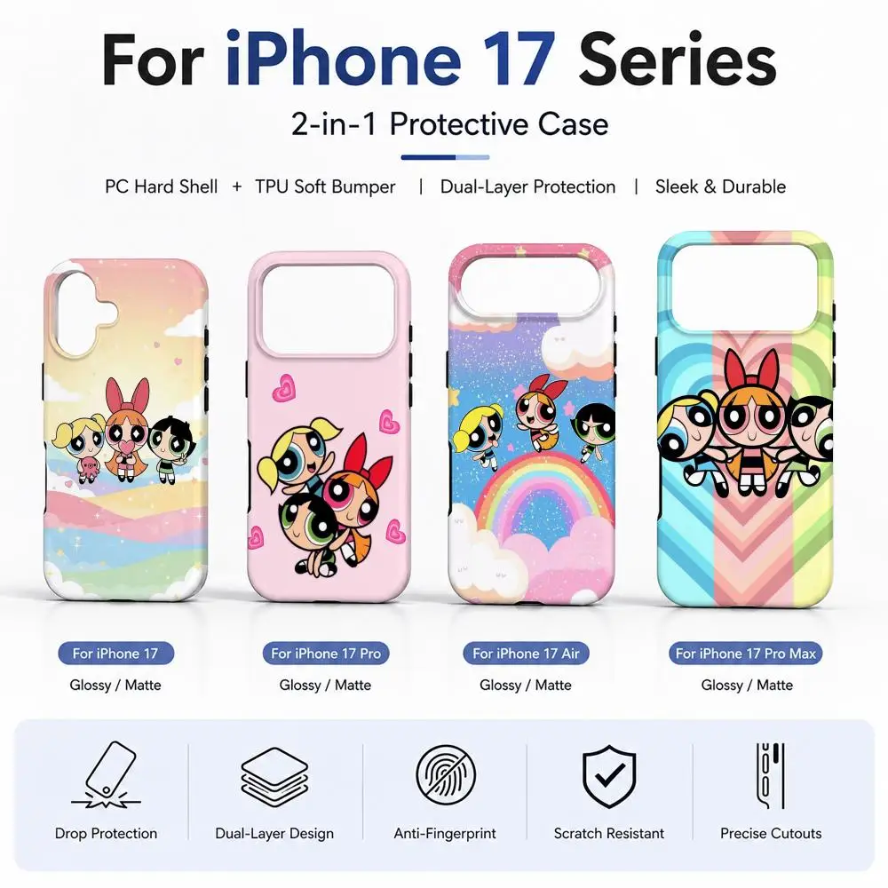 Coque de téléphone Anime P-Powerpuff Girls en film 2-en-1 pour iPhone 17 16 15 14 12 17Air 16e 13 Pro MAX 16Plus