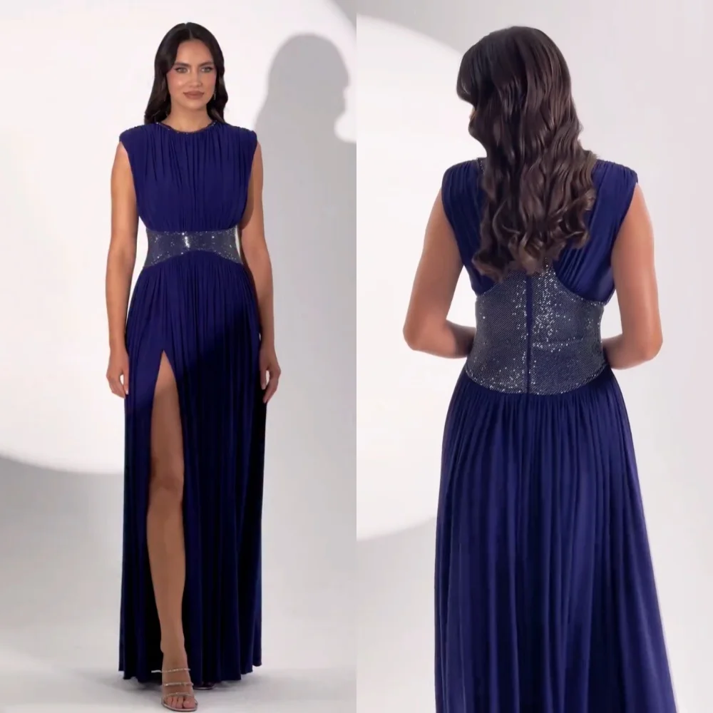 

Customized Glitter Pleat O-Neck A-line Long Dresses Bespoke Occasion Prom Elegant Party Formal Evening Dress