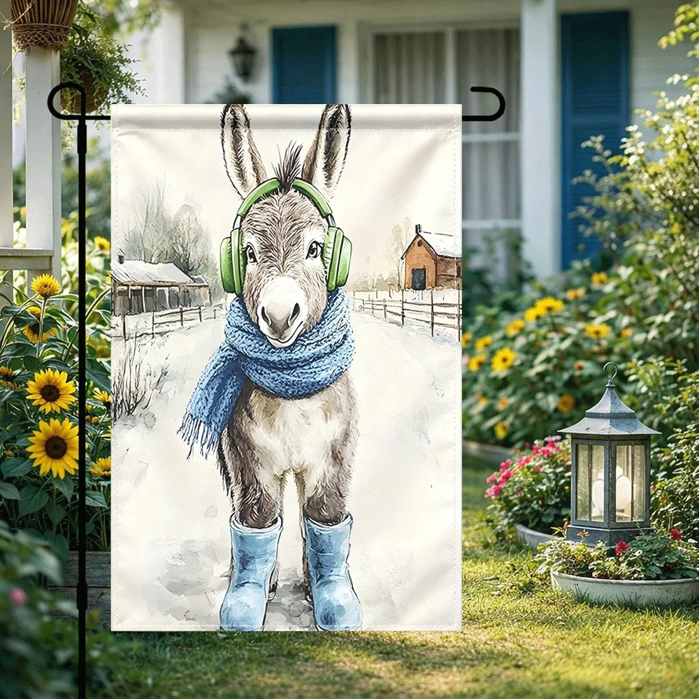 1PC Winter Donkey Garden Flag, Cute Animal with Headphones Scarf Boots Print Outdoor Yard Flag, Snowy Farmhous
