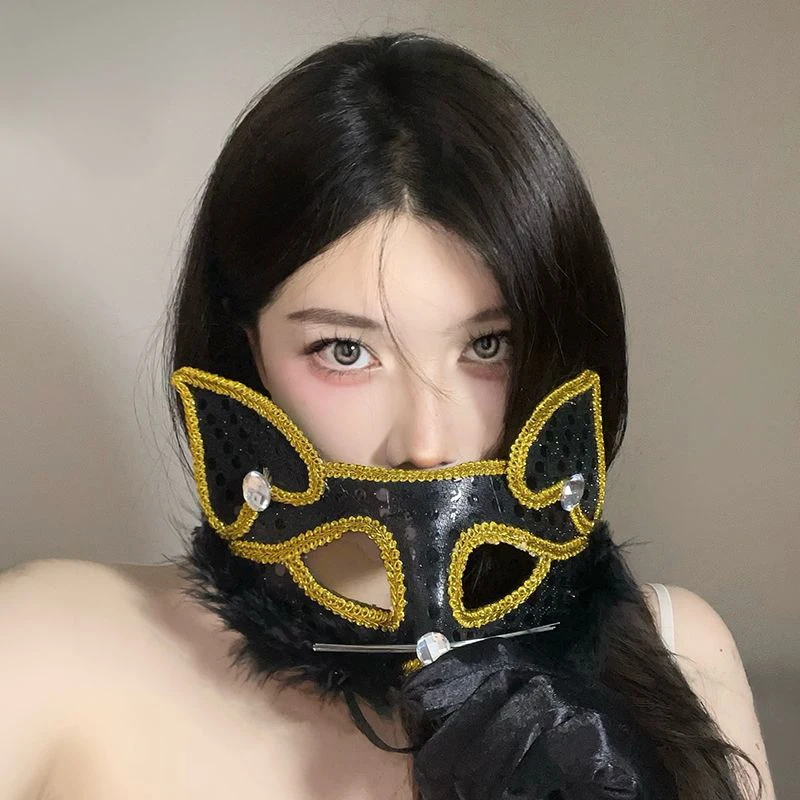 Koronkowe Pluszowe Piórkowe Maski Maskaradowe Damskie Z Cekinami Lisie Seksowne Na Imprezę Bal Halloween Boże Narodzenie Cosplay Akcesoria Do Twarzy Czarne Białe