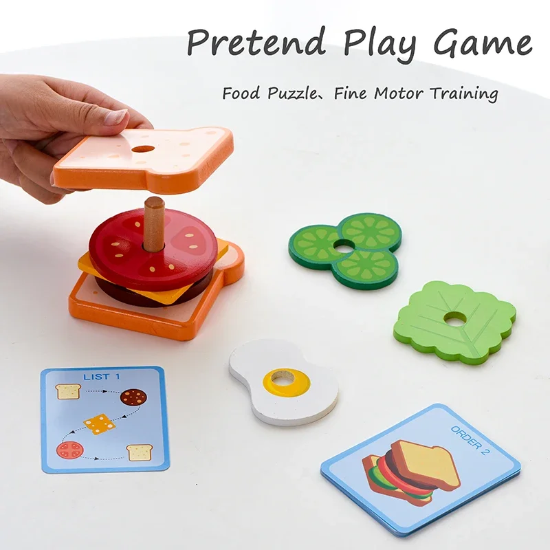 Children Pretend Play Kitchen Toys Hamburger Sandwich Simulation Food Matching Games Montessori Educational Wooden Stacking Toys