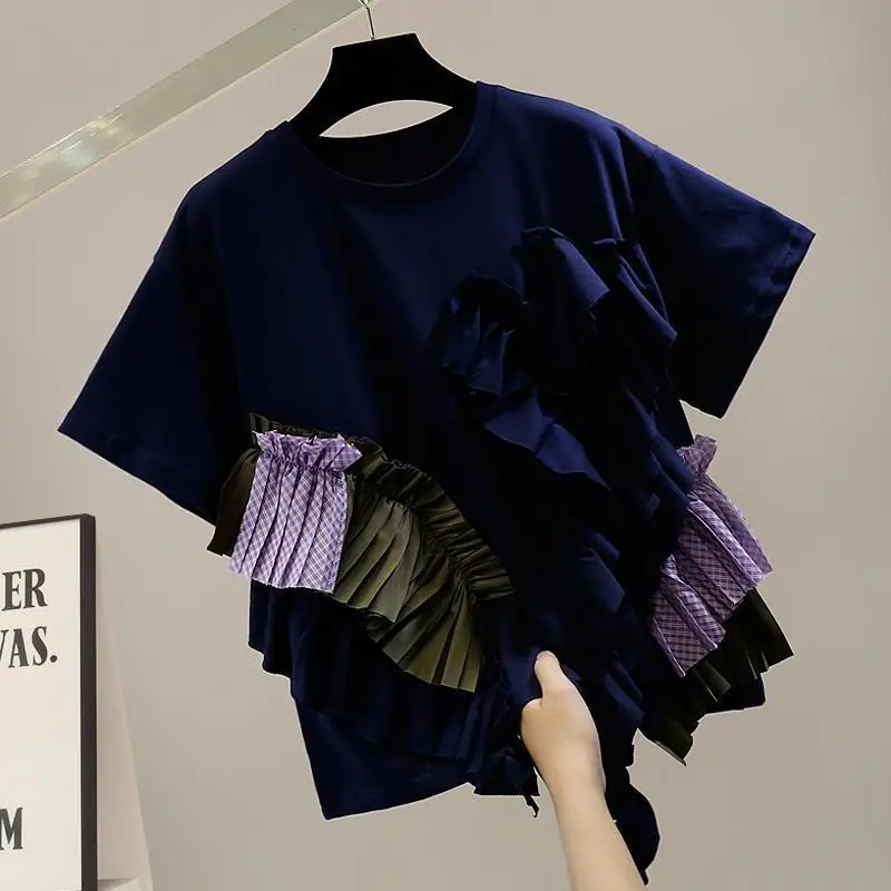 Personalized Ruffle Edge Irregular Lamination Contrasting Color Splicing Short-sleeved Casual Fashion Design Versatile Top Tide
