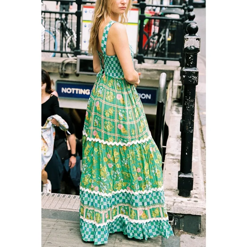 Women Floral Print Bohemian Vacation Dress Sexy Strap Backless Elastic Waist Corset Ruffle Boho Holiday Long Dress Streetwear