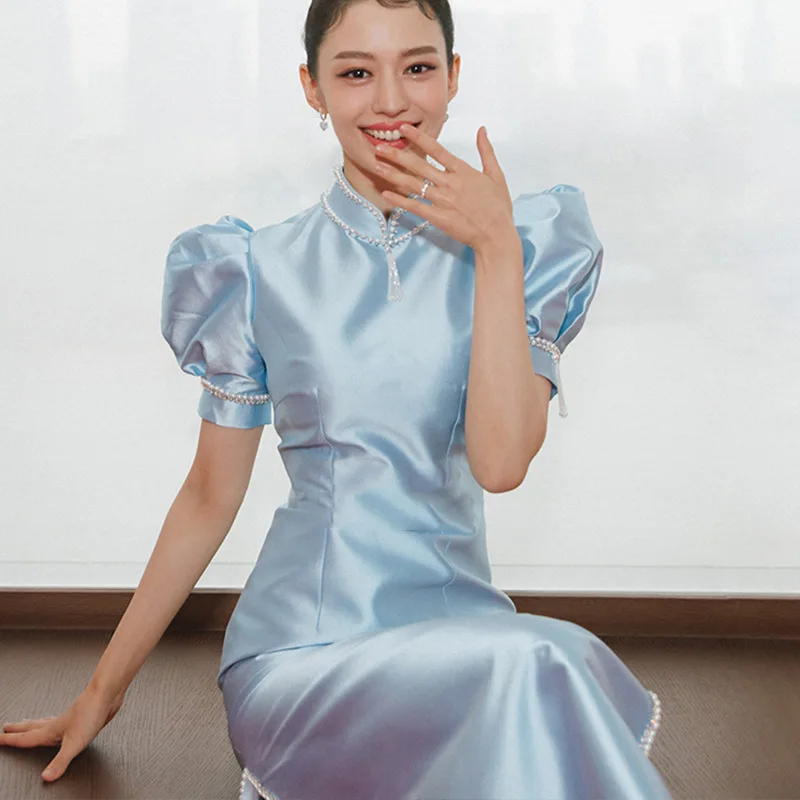 Internet Celebrity Same New Chinese Style Improved Cheongsam for Women Spring Temperament Entry Puff Sleeve Dress Stand Collar