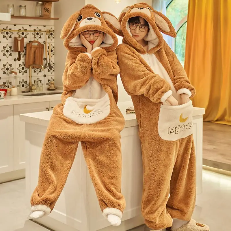 Winter Female Cartoon Nightwear Plush Thickened Jumpsuit Hooded Sleepwear Men Long-Sleeve Keep Warm Pajamas Homewear Onesies