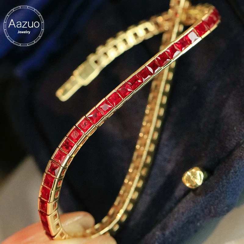 Aazuo Real Jewelry 18K Solid Yellow Gold Natrual Ruby 3.9CT Square Lines Bracelet For Woman Upscale Trendy Engagement Party
