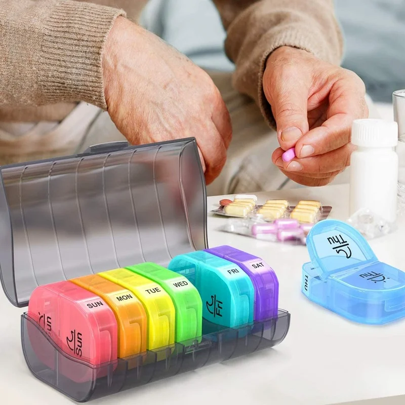 Portable Vitamin Pill Box Case Organizer Tablet for 7 Days 2 Times 14 Grids Travel with Large Compartment for Medicine Fish Oils