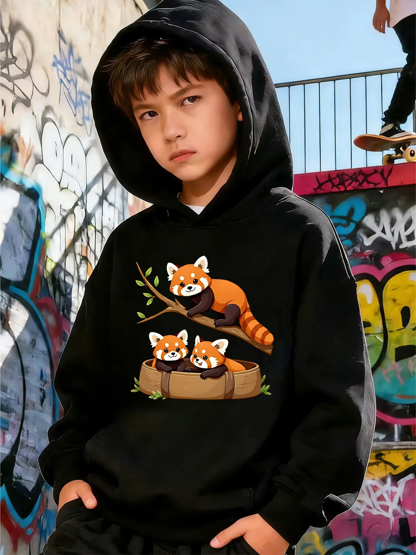 Kids Boys Girls Red Panda Graphic Hoodie Black Printed Cute Animal Sweatshirt School Clothes Birthday Present Autumn