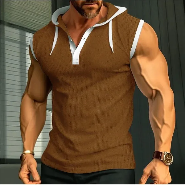 2026 Men's Hooded Vest Casual Sleeveless T-shirt A-Line Narrow Shoulder Strap Warm RPET Regenerated Fabric U-Neck City Walk