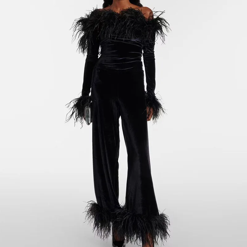 Women Ostrich Feather Velvet Pant Set High Quality Long Sleeve Off Shoulder Sexy Top Fashion Elastic Waist Wide-leg Pants New 24