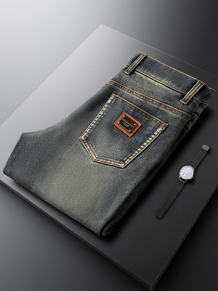 

Blue Vintage Waed Slim Fit Men's Jeans Casual Straight Leg Busin Pants for Autumn Winter Faion Urban Sle