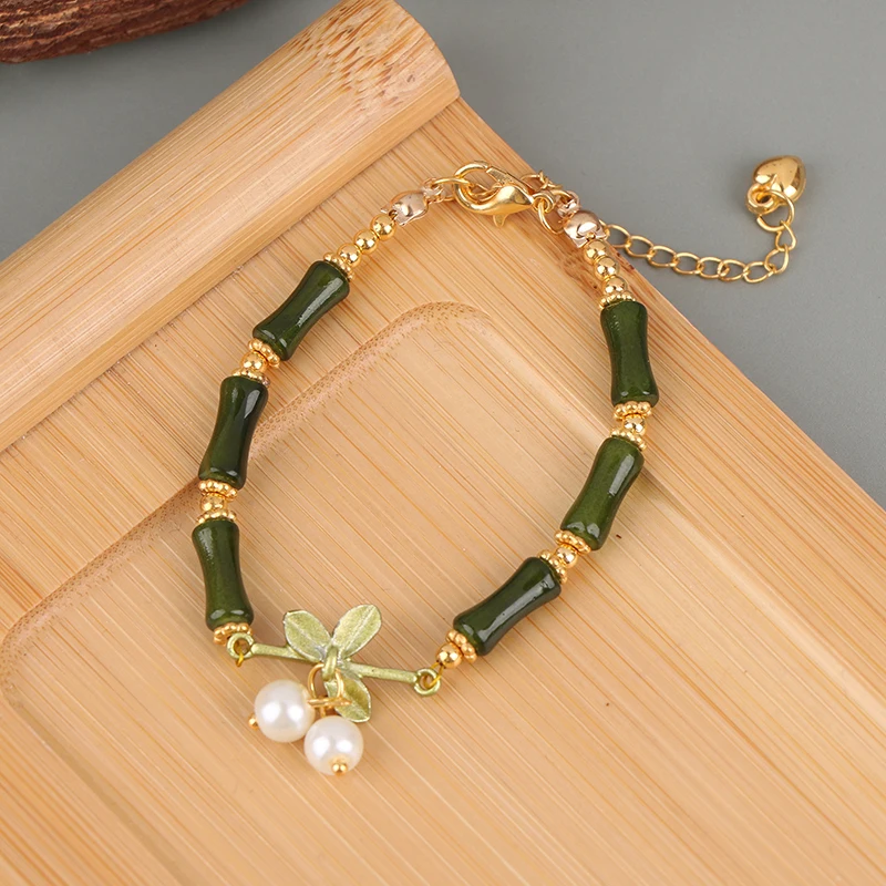 1Pcs Chinese Style Vintage Green Bamboo Joint Beaded Bracelet For Women's Fashion Simple Charm Flower Bracelet Jewelry Gift