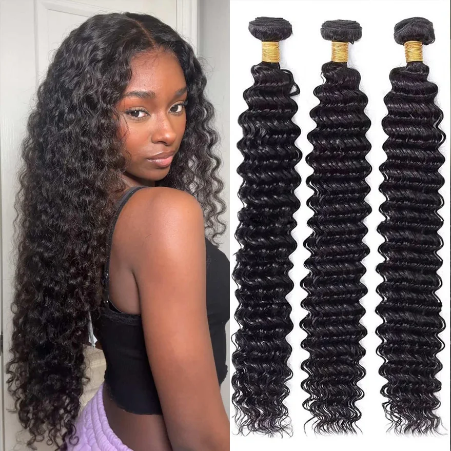 

Curly Bundles Human Hair 30 34 inch Deep Wave 1 3 4 Hair Bundles Double Weft Hair Extensions Weave Natural Black