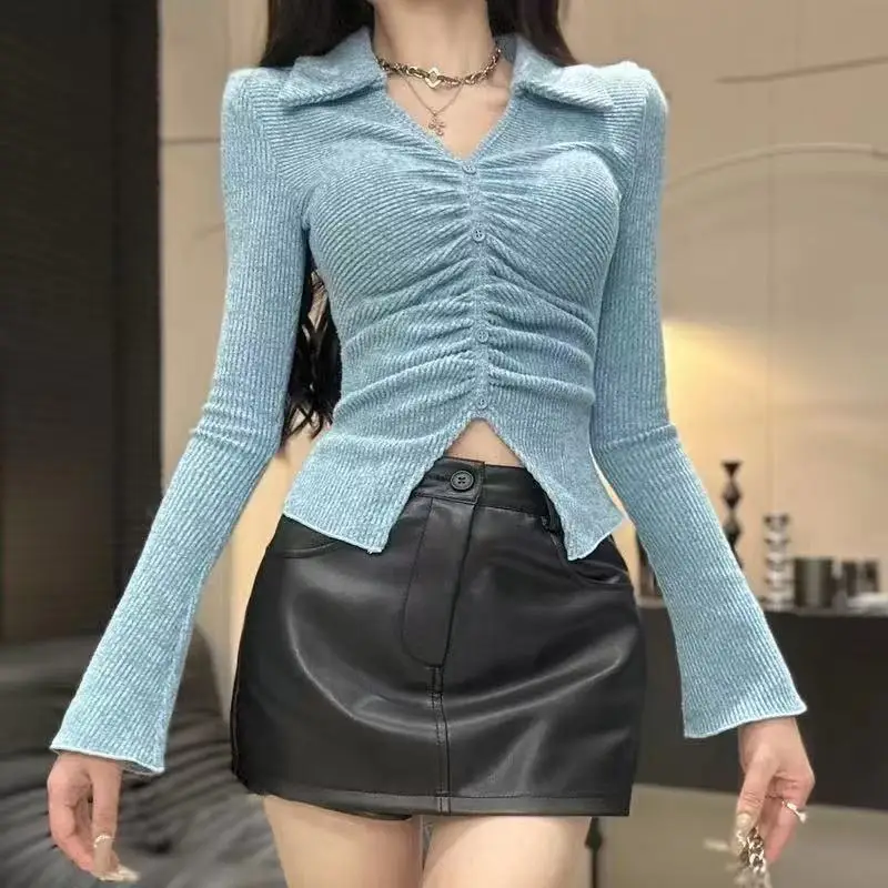 Design Sense Flip Collar Small Pleat Slit Knit Sweater Early Spring Retro Temperament Slim Fit Slimming Short