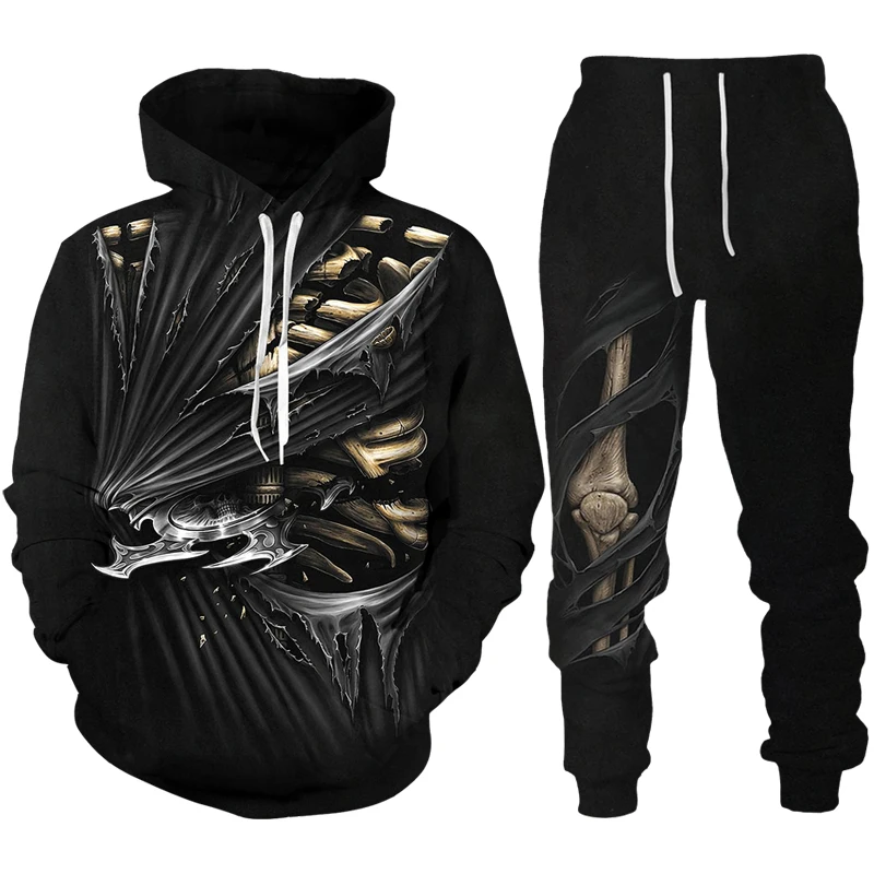 Horror Skeletal 3D Print Men's Tracksuit Set Gothic Punk Hoodie + Pants 2pcs Sets Halloween Streetwear Oversized Casual Pullover