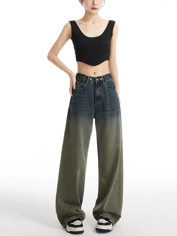 

Женские джинсы с высокой талией и широкими штанинами, в стиле High Street, с градиентным окрашиванием, длиной в пол, из денима, повседневные, свободного кроя, для осеннего сезона